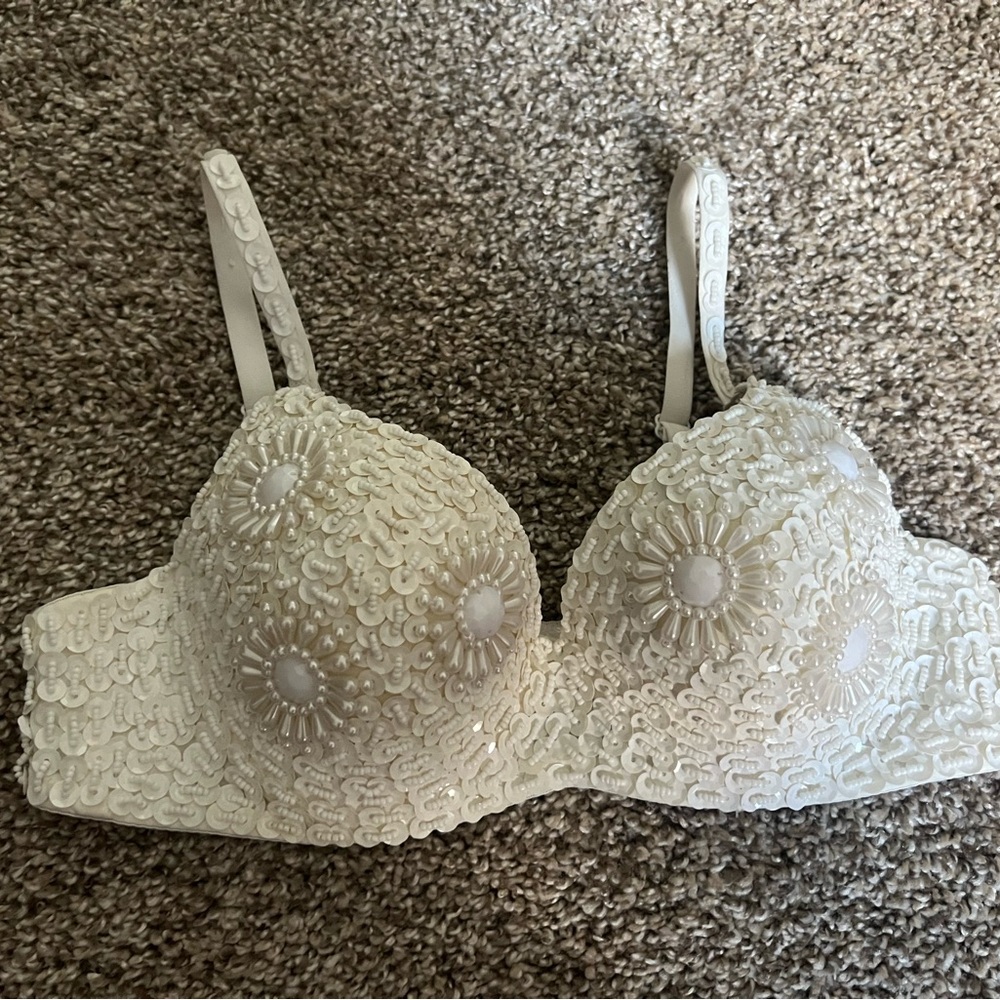 Embroidered Sequin Ivory Bra with Floral Appliqué